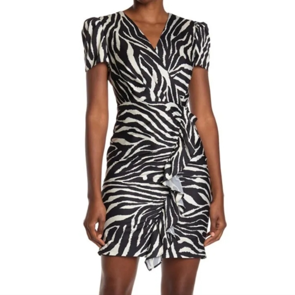 MILLY Zebra Anymal Printed Knee-Length Faux Wrap Dress NWT Size US 4 Sma…